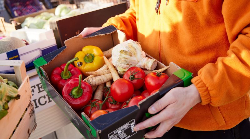 Person der Tafel Österreich hält eine Kiste mit Gemüse